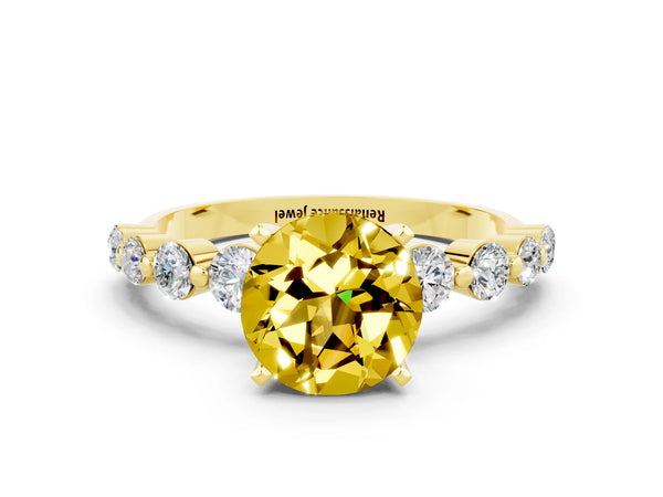 Yellow gold Round Cut Solitaire Yellow Sapphire Ring with Pave Band and Four-Prong Setting