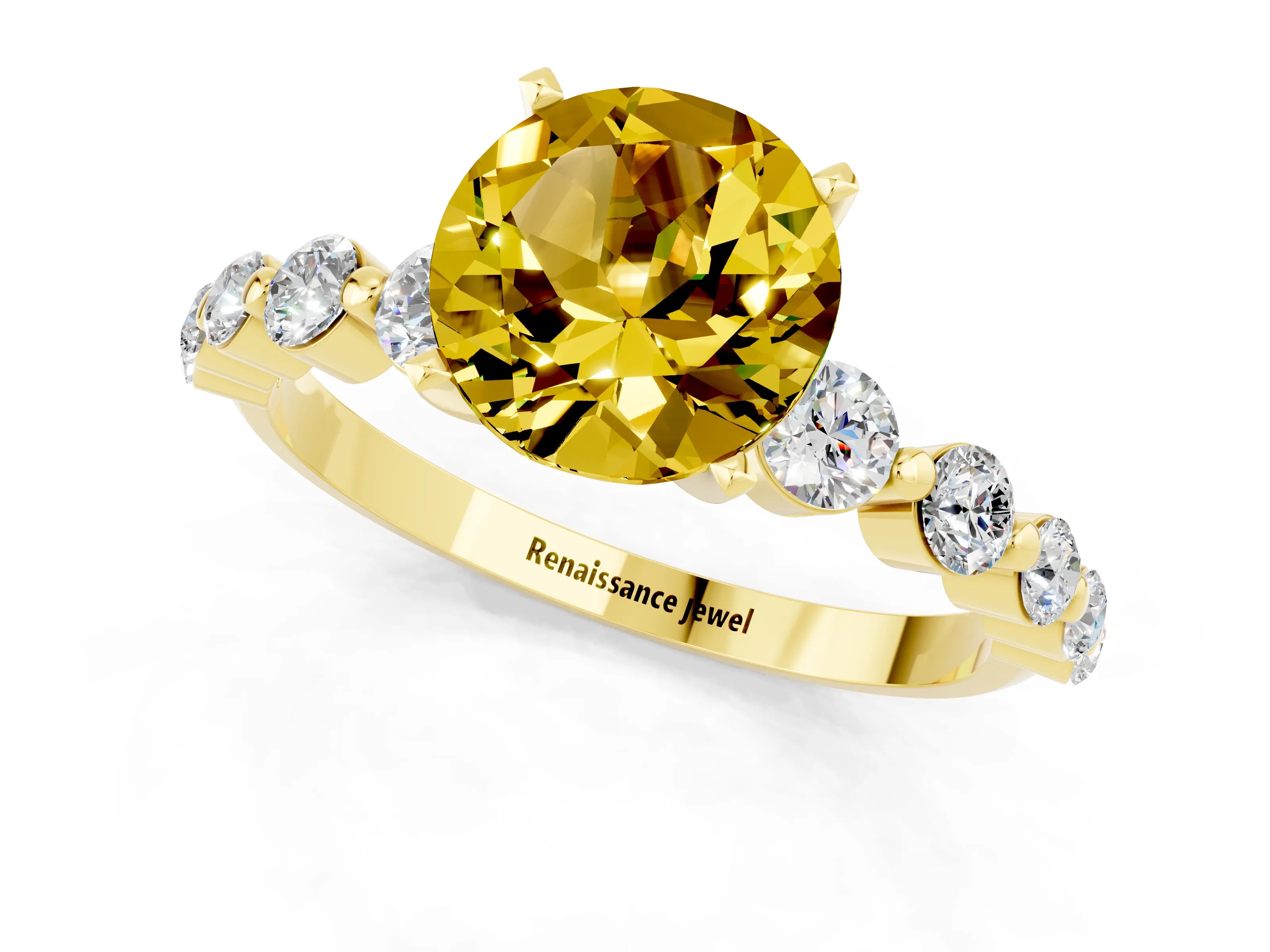 Yellow gold Round Cut Solitaire Yellow Sapphire Ring with Pave Band and Four-Prong Setting_25