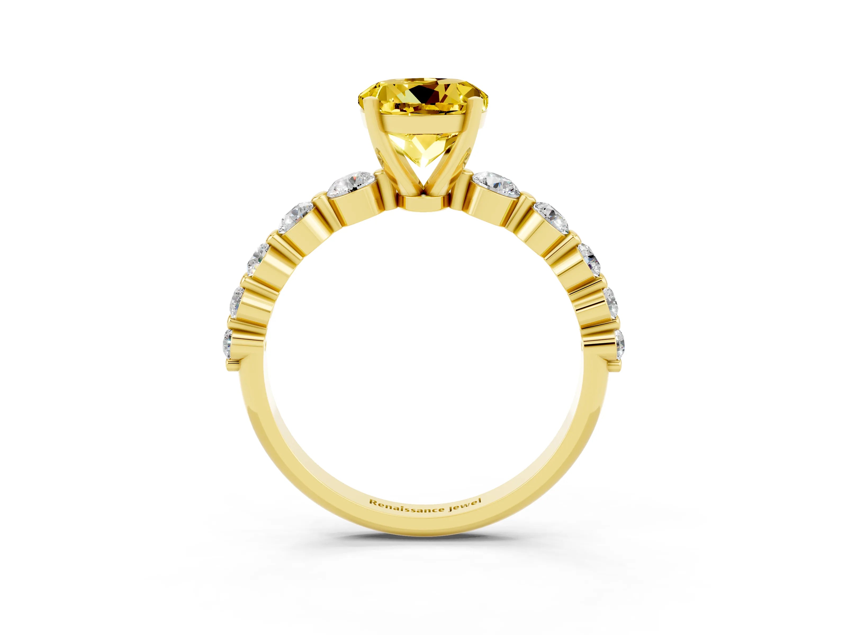 Yellow gold Round Cut Solitaire Yellow Sapphire Ring with Pave Band and Four-Prong Setting_27