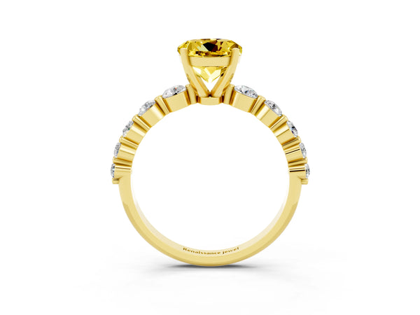 Yellow gold Round Cut Solitaire Yellow Sapphire Ring with Pave Band and Four-Prong Setting