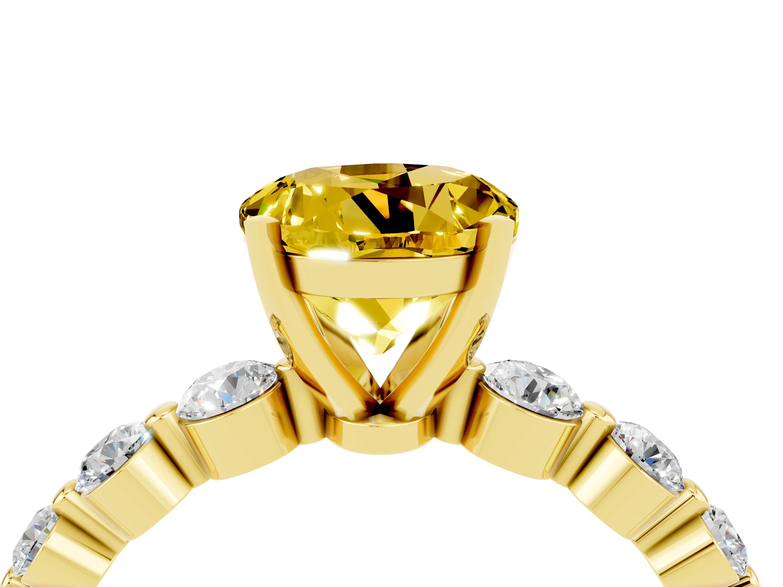 Yellow gold Round Cut Solitaire Yellow Sapphire Ring with Pave Band and Four-Prong Setting_28