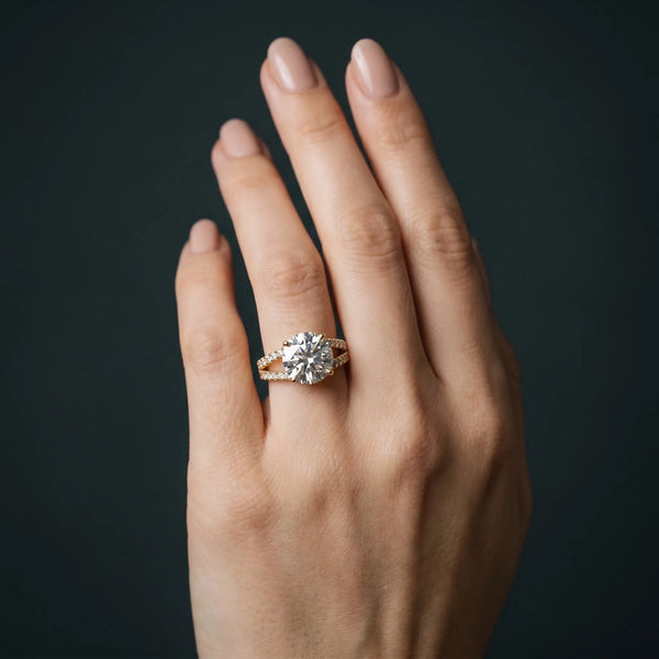 Yellow gold Round Cut Split Shank Pave Diamond Engagement Ring with Four-Prong Setting