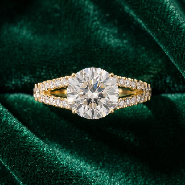 Yellow gold Round Cut Split Shank Pave Diamond Engagement Ring with Four-Prong Setting