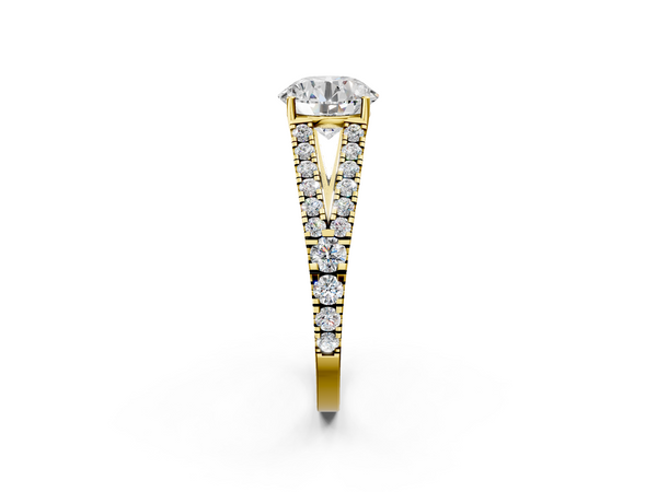 Yellow gold Round Cut Split Shank Pave Diamond Engagement Ring with Four-Prong Setting