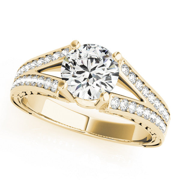 Yellow gold Round Cut Split Shank Pave Diamond Ring with Four-Prong Setting