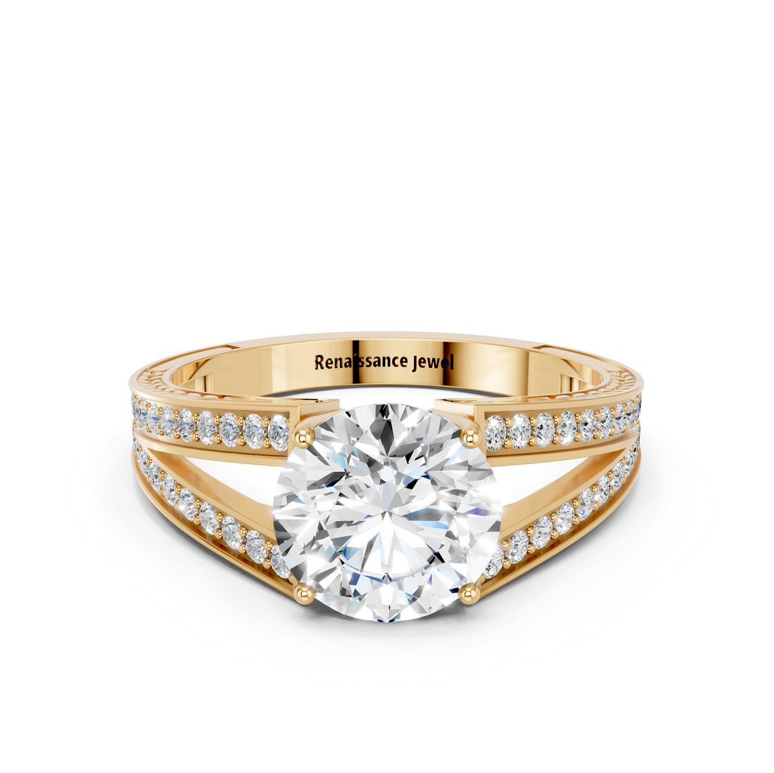 14K Yellow Gold 1.60 Carat F VVS2 Round Cut Split Shank Pave Diamond Ring with Four-Prong Setting