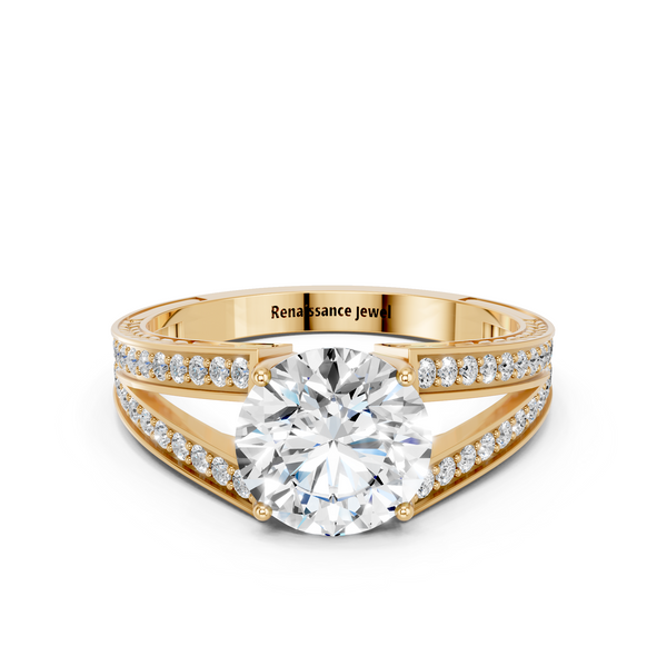 14K Yellow Gold 1.60 Carat F VVS2 Round Cut Split Shank Pave Diamond Ring with Four-Prong Setting