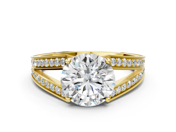 Yellow Gold Round Split Shank Engagement Ring Setting with Pave Band and Engraved Sides
