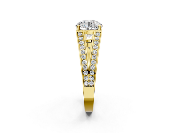 Yellow Gold Round Split Shank Engagement Ring Setting with Pave Band and Engraved Sides