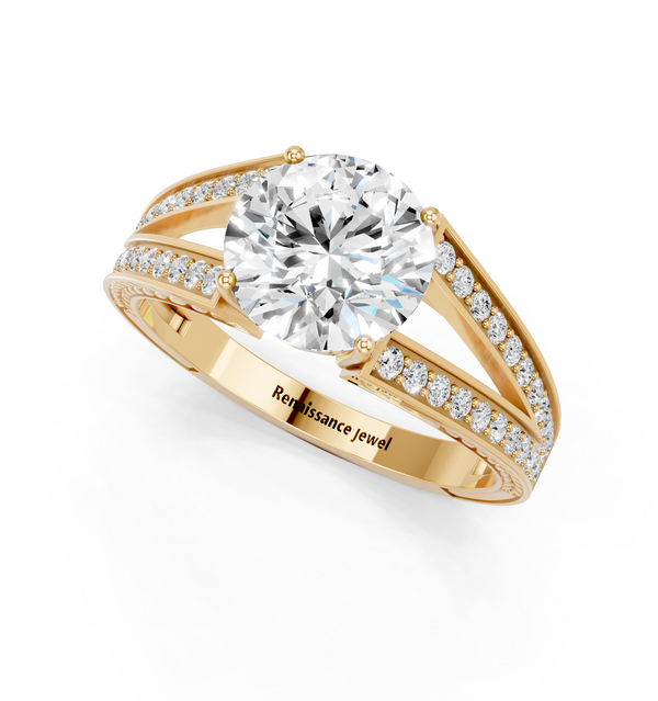 14K Yellow Gold 1.60 Carat F VVS2 Round Cut Split Shank Pave Diamond Ring with Four-Prong Setting