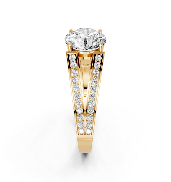14K Yellow Gold 1.60 Carat F VVS2 Round Cut Split Shank Pave Diamond Ring with Four-Prong Setting