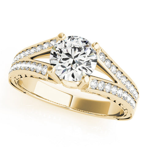 Yellow gold Round Cut Split Shank Pave Diamond Ring with Four-Prong Setting