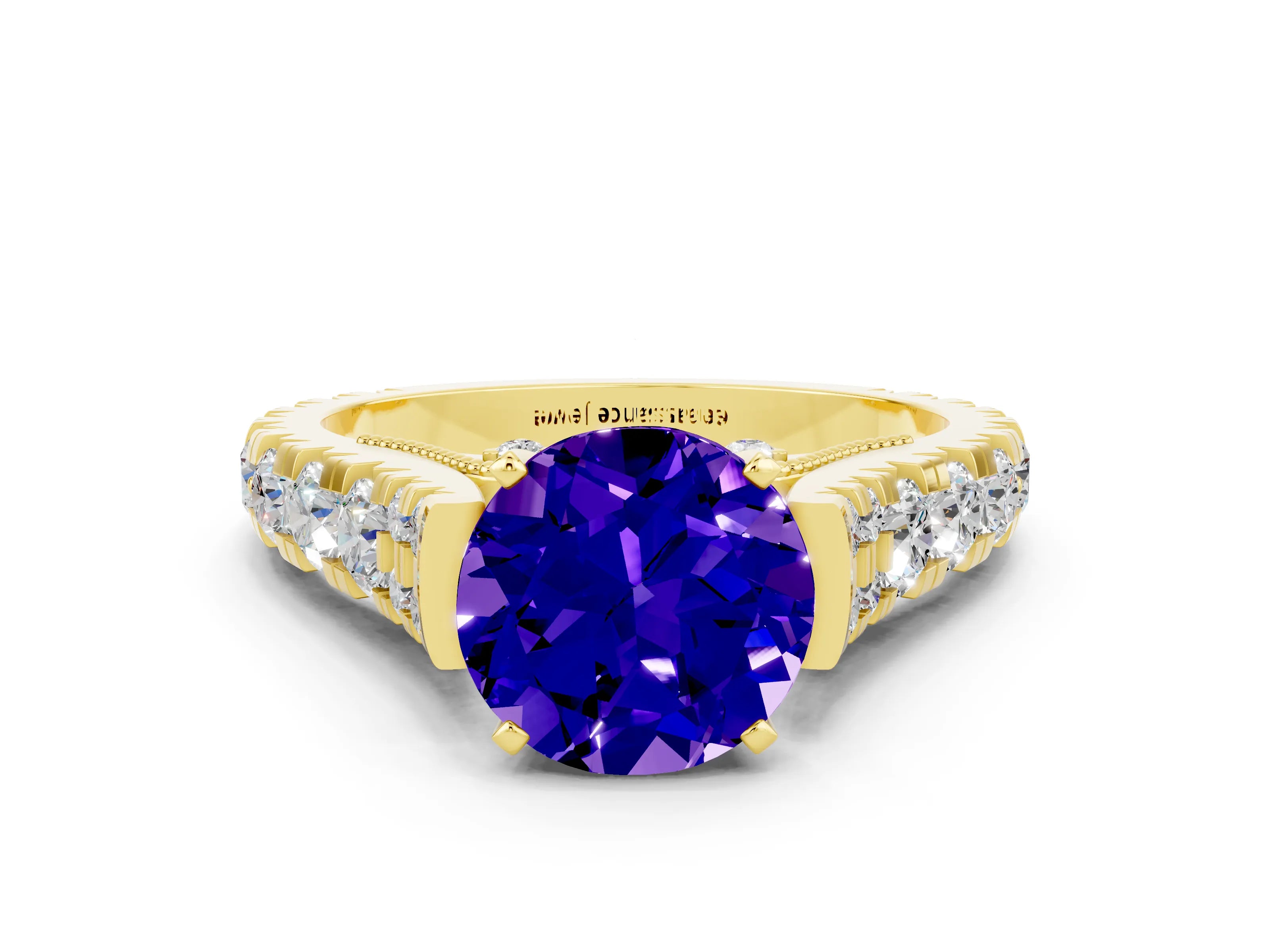 Yellow gold Round Cut Tanzanite Classic Solitaire Ring with Pavé Band and Four-Prong Setting