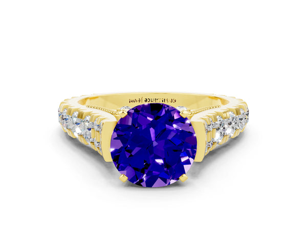 Yellow gold Round Cut Tanzanite Classic Solitaire Ring with Pavé Band and Four-Prong Setting