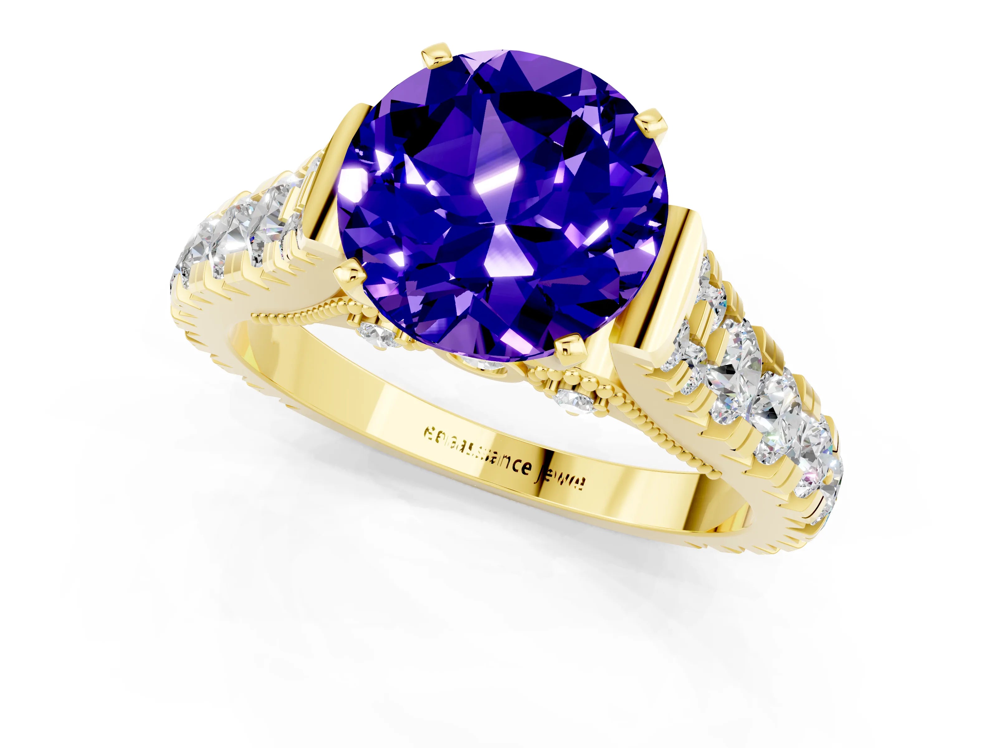 Yellow gold Round Cut Tanzanite Classic Solitaire Ring with Pavé Band and Four-Prong Setting_1
