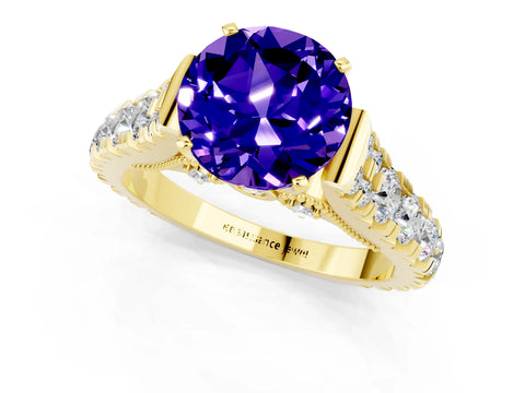 Yellow gold Round Cut Tanzanite Classic Solitaire Ring with Pavé Band and Four-Prong Setting_1