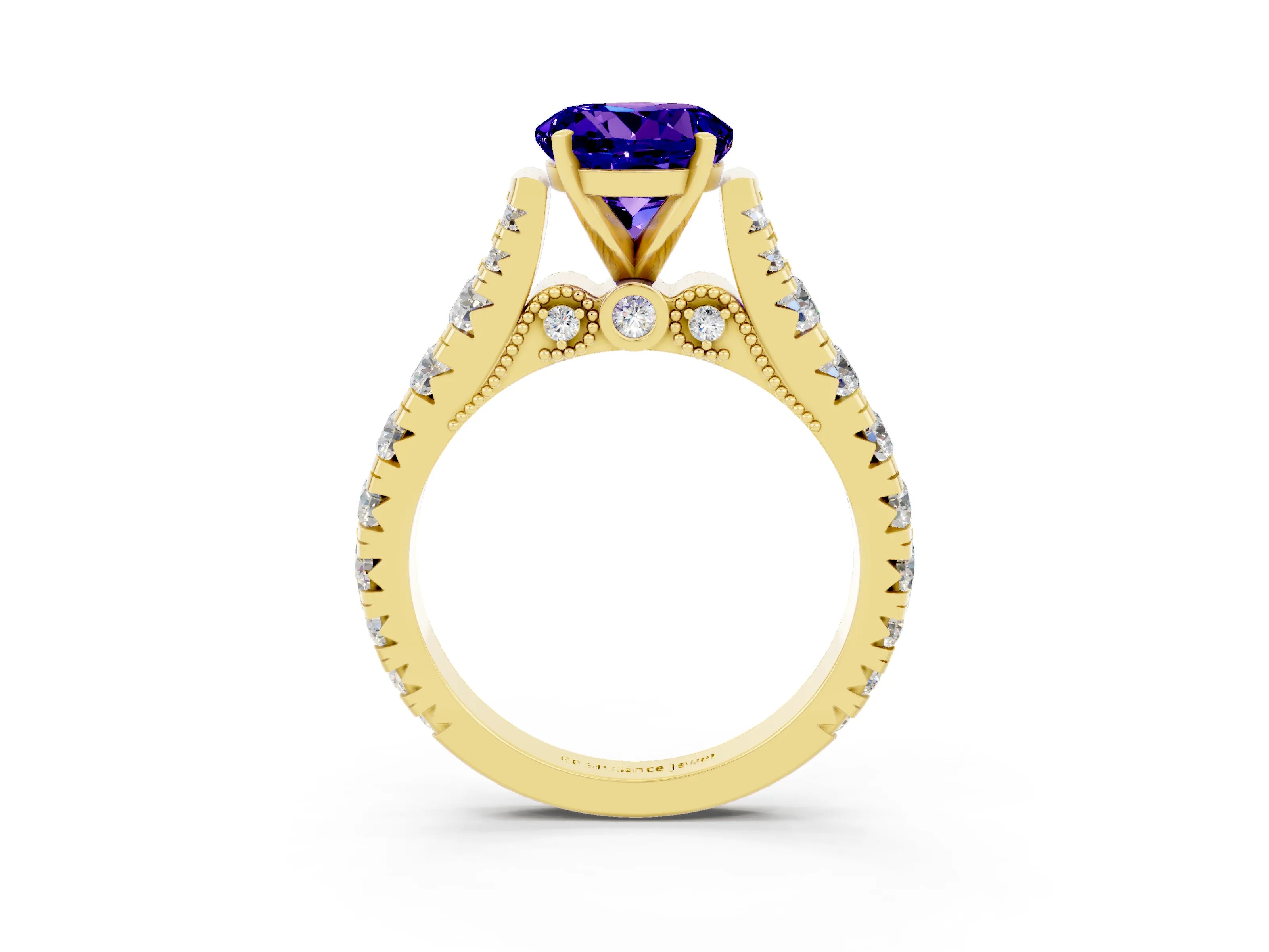 Yellow gold Round Cut Tanzanite Classic Solitaire Ring with Pavé Band and Four-Prong Setting_3