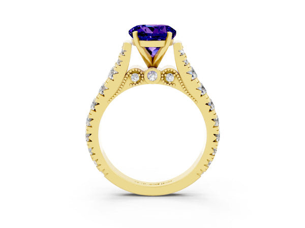 Yellow gold Round Cut Tanzanite Classic Solitaire Ring with Pavé Band and Four-Prong Setting