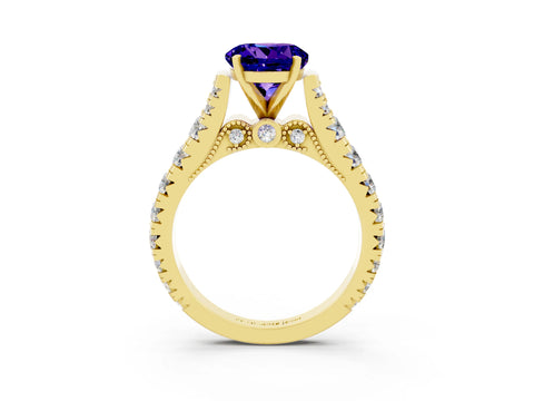 Yellow gold Round Cut Tanzanite Classic Solitaire Ring with Pavé Band and Four-Prong Setting_3