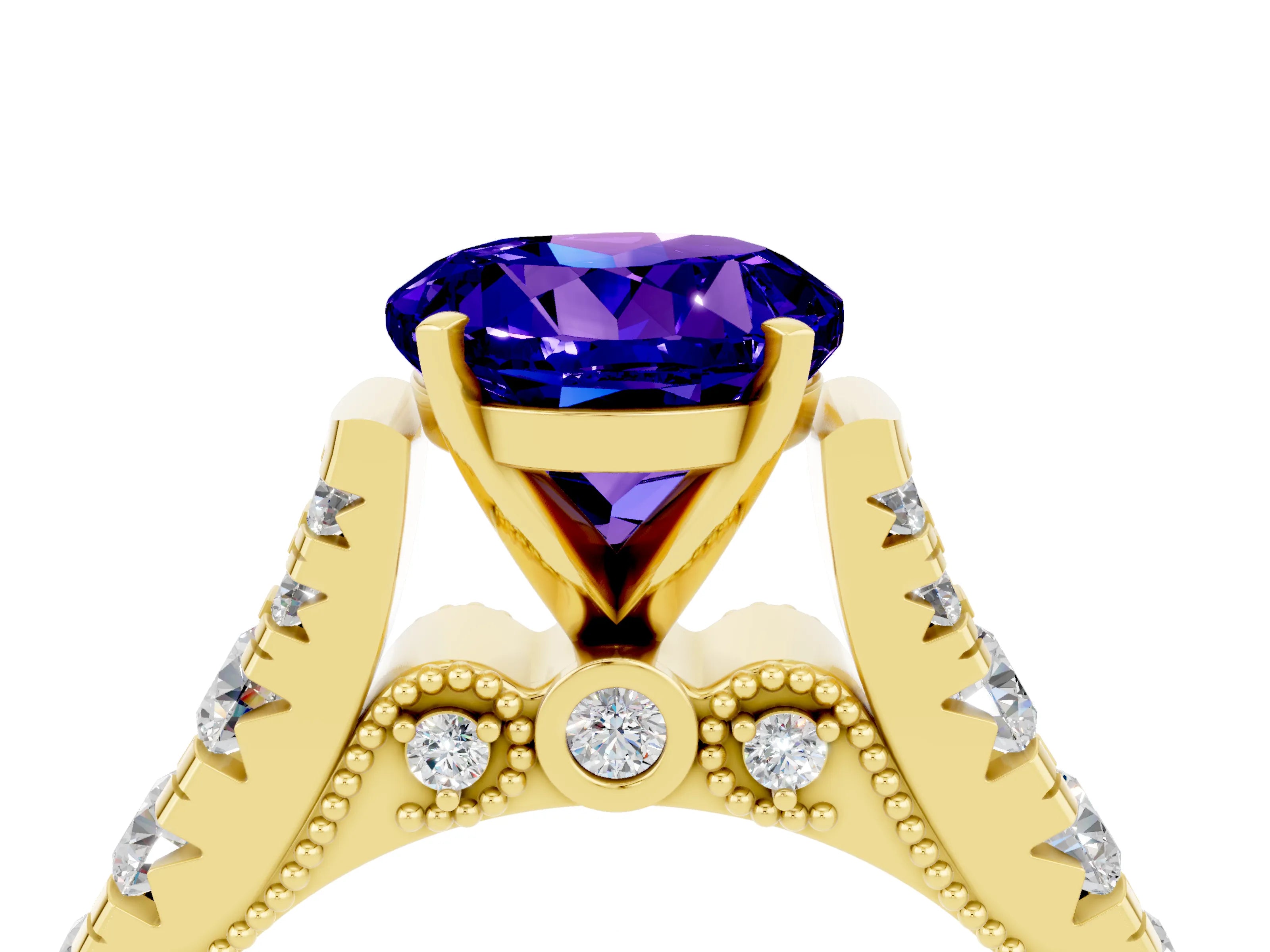 Yellow gold Round Cut Tanzanite Classic Solitaire Ring with Pavé Band and Four-Prong Setting_4