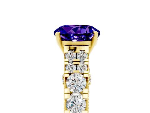 Yellow gold Round Cut Tanzanite Classic Solitaire Ring with Pavé Band and Four-Prong Setting_5