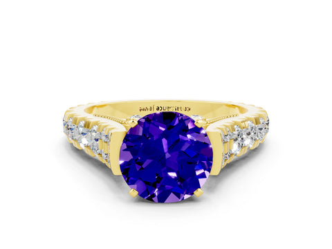 Yellow gold Round Cut Tanzanite Classic Solitaire Ring with Pavé Band and Four-Prong Setting