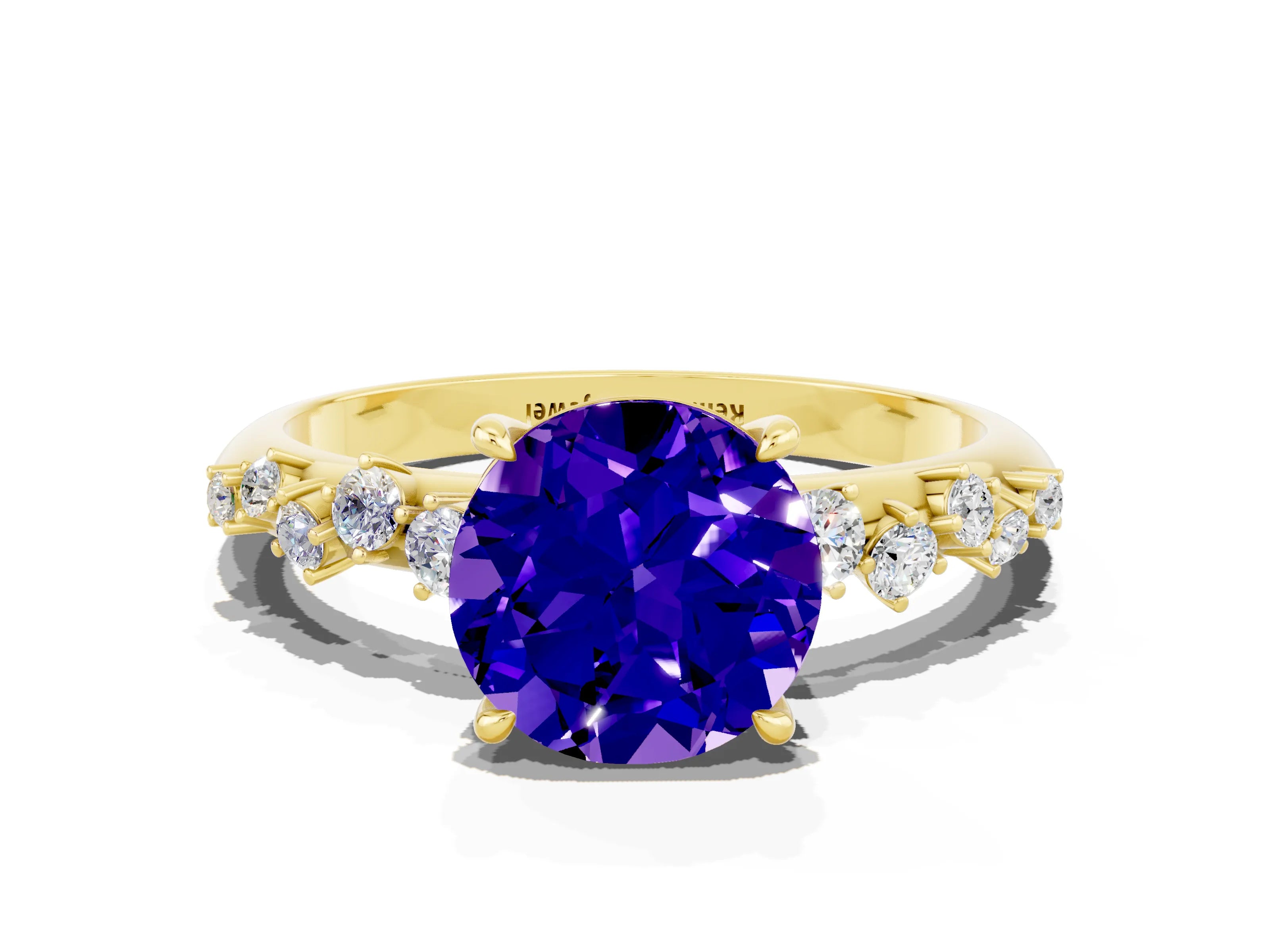 Yellow gold Round Cut Tanzanite Cluster Side Stone Solitaire Ring with Prong Setting_24