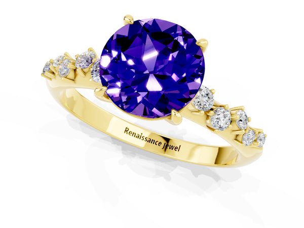 Yellow gold Round Cut Tanzanite Cluster Side Stone Solitaire Ring with Prong Setting