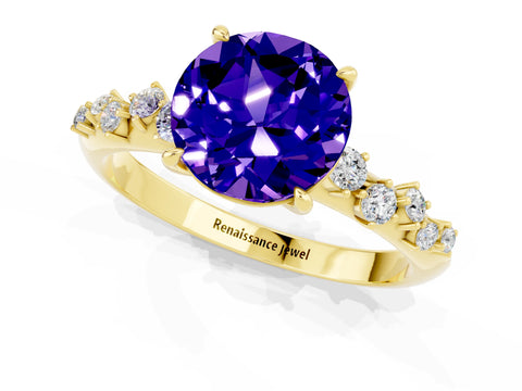Yellow gold Round Cut Tanzanite Cluster Side Stone Solitaire Ring with Prong Setting_25