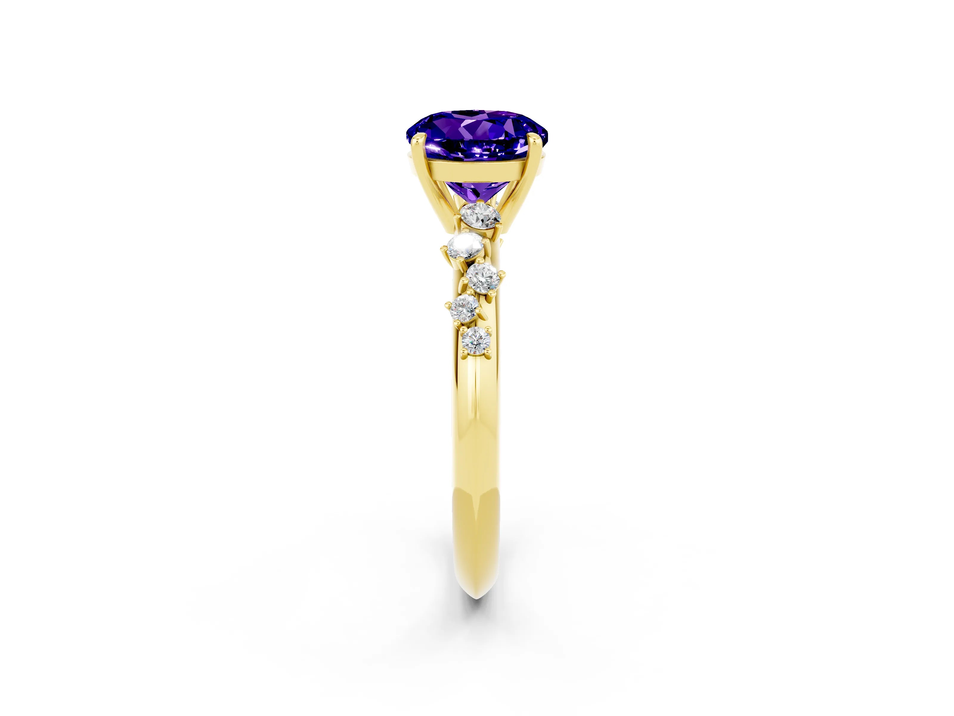 Yellow gold Round Cut Tanzanite Cluster Side Stone Solitaire Ring with Prong Setting_26