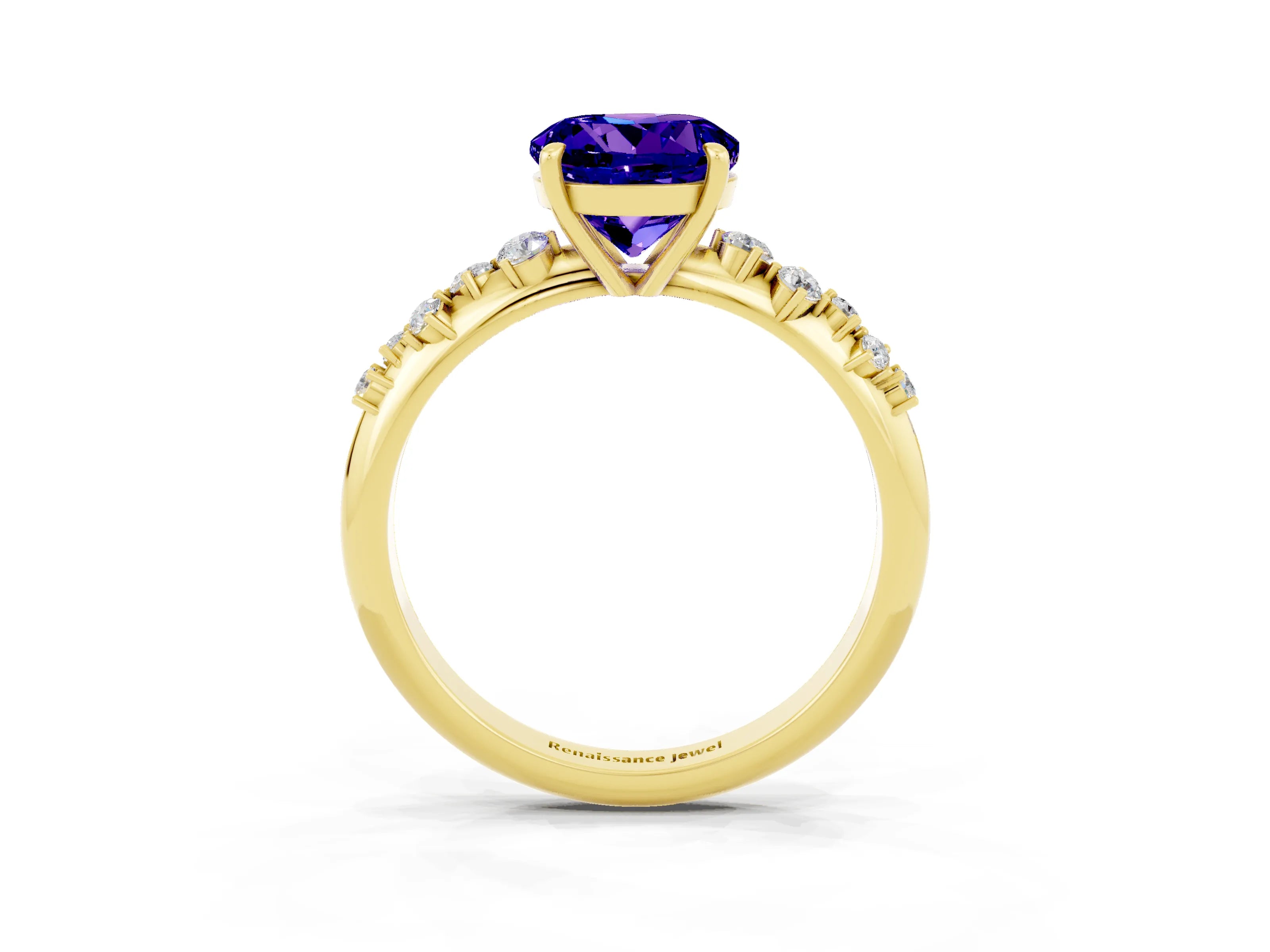 Yellow gold Round Cut Tanzanite Cluster Side Stone Solitaire Ring with Prong Setting_27