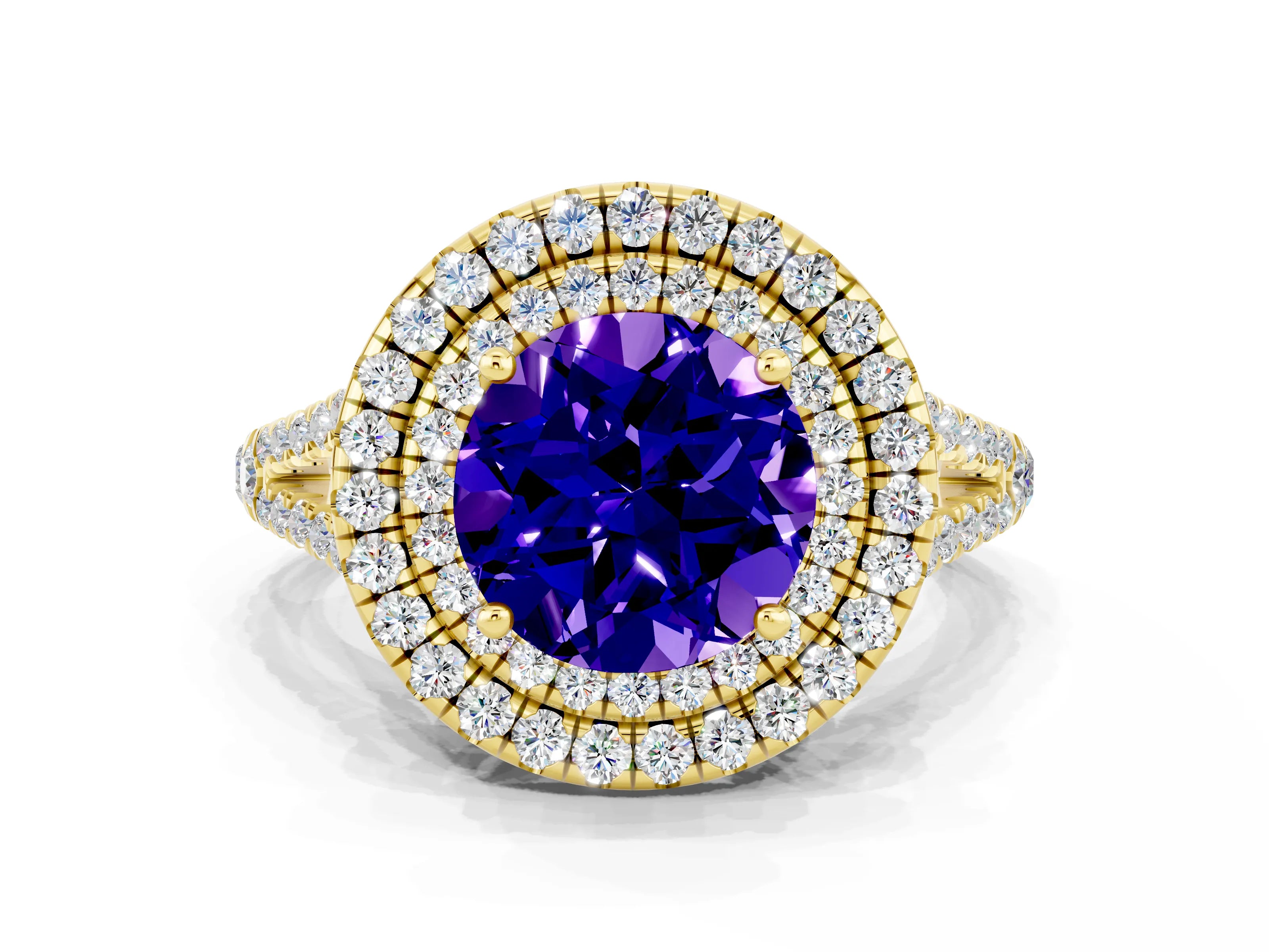 Yellow gold Round Cut Tanzanite Double Halo Ring with Pavé Band and Prong Setting_12