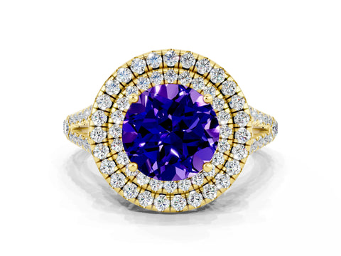 Yellow gold Round Cut Tanzanite Double Halo Ring with Pavé Band and Prong Setting_12