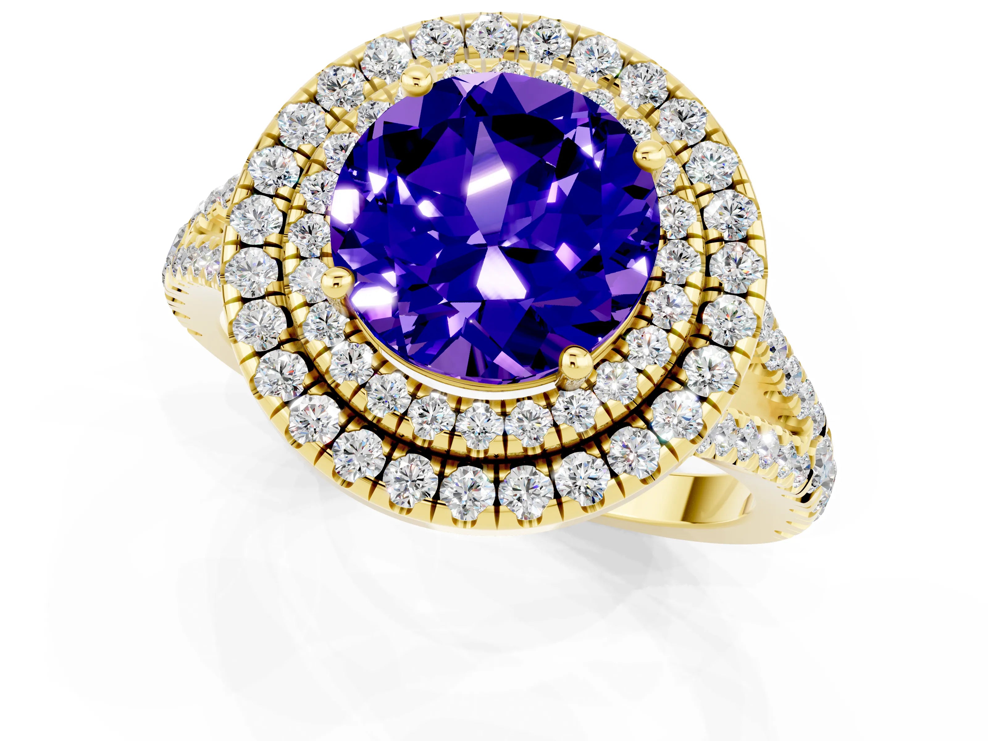Yellow gold Round Cut Tanzanite Double Halo Ring with Pavé Band and Prong Setting_13