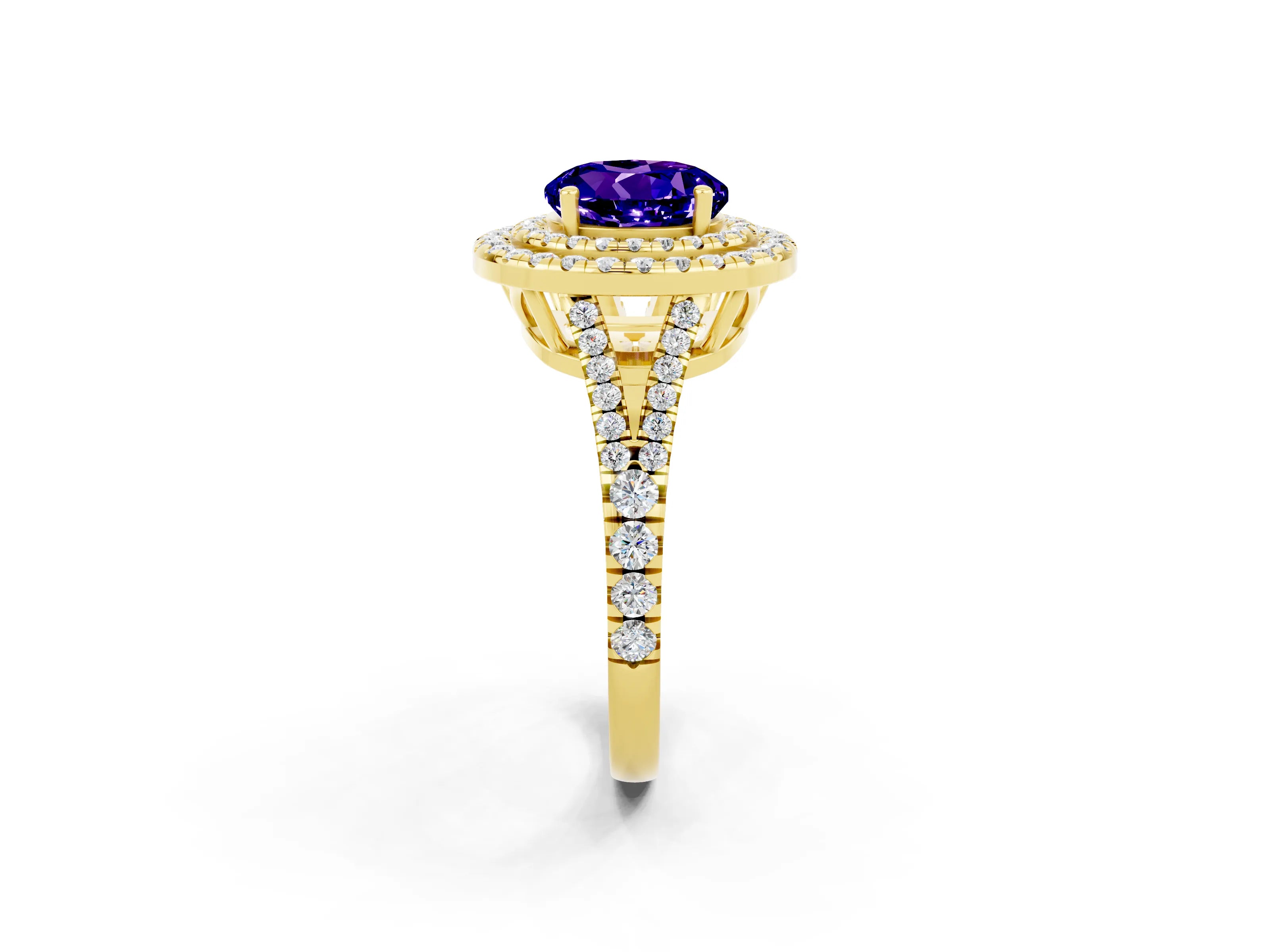 Yellow gold Round Cut Tanzanite Double Halo Ring with Pavé Band and Prong Setting_14