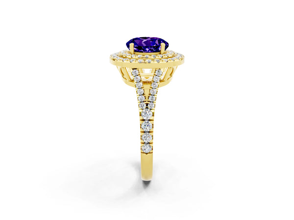 Yellow gold Round Cut Tanzanite Double Halo Ring with Pavé Band and Prong Setting