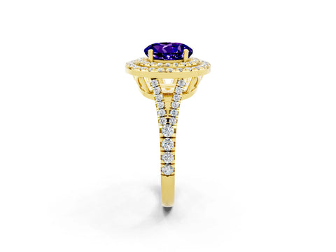 Yellow gold Round Cut Tanzanite Double Halo Ring with Pavé Band and Prong Setting_14