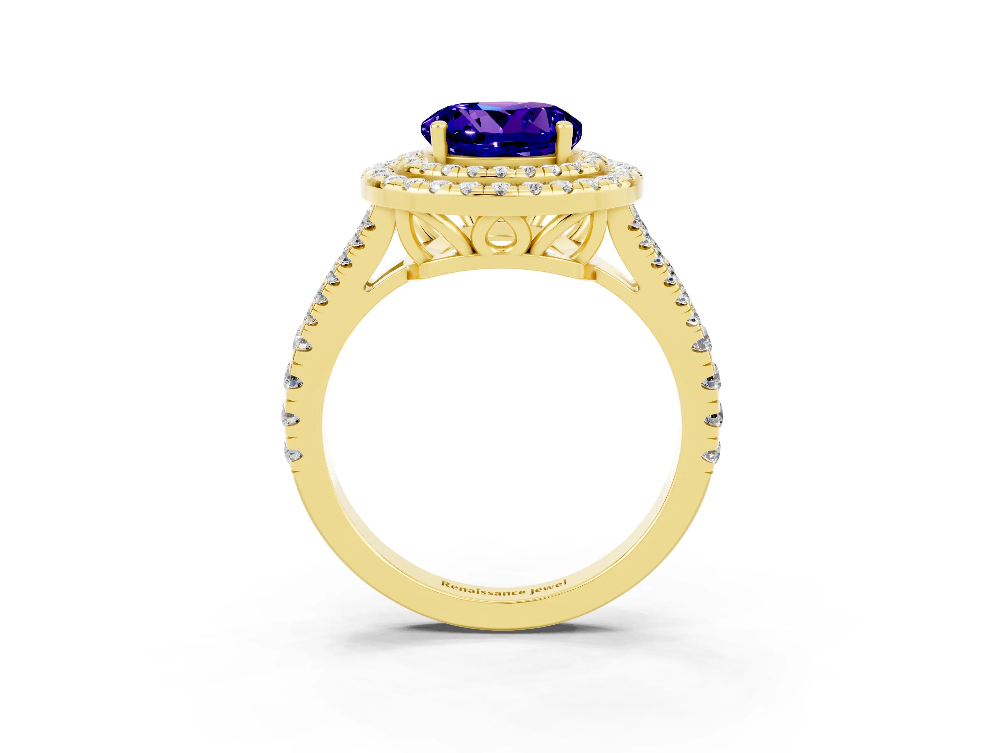 Yellow gold Round Cut Tanzanite Double Halo Ring with Pavé Band and Prong Setting_15