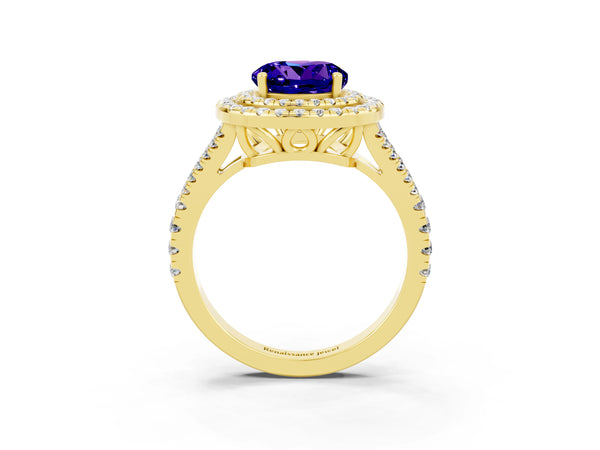 Yellow gold Round Cut Tanzanite Double Halo Ring with Pavé Band and Prong Setting