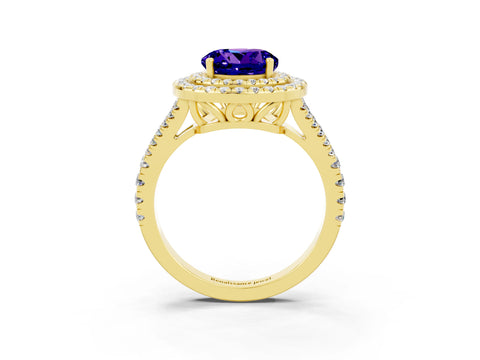 Yellow gold Round Cut Tanzanite Double Halo Ring with Pavé Band and Prong Setting_15