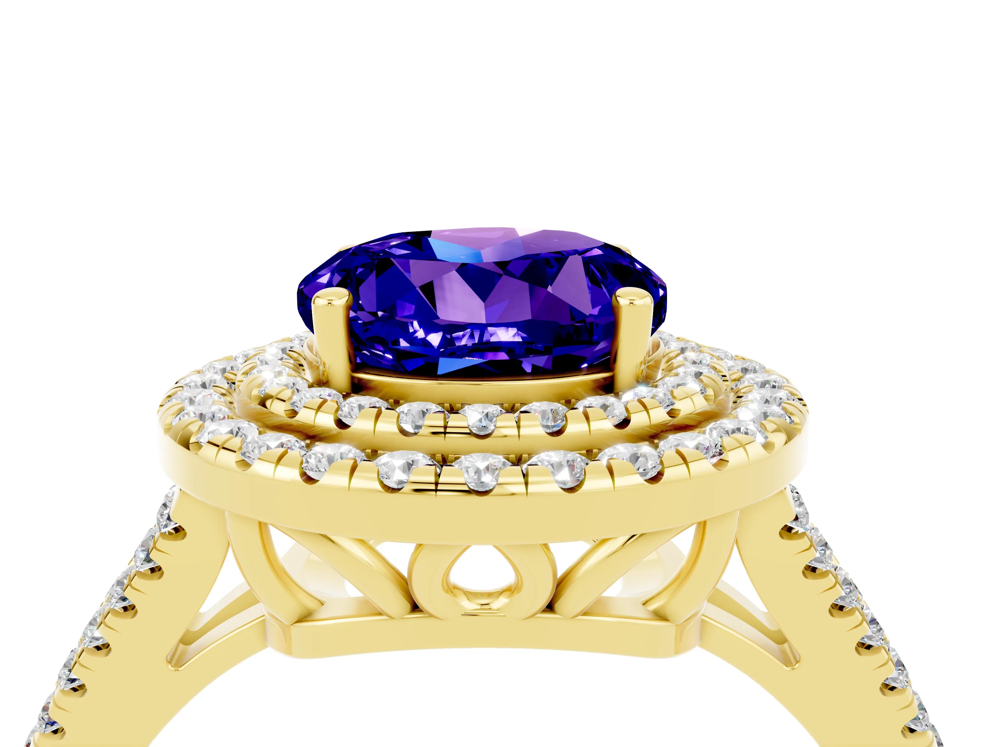 Yellow gold Round Cut Tanzanite Double Halo Ring with Pavé Band and Prong Setting_16