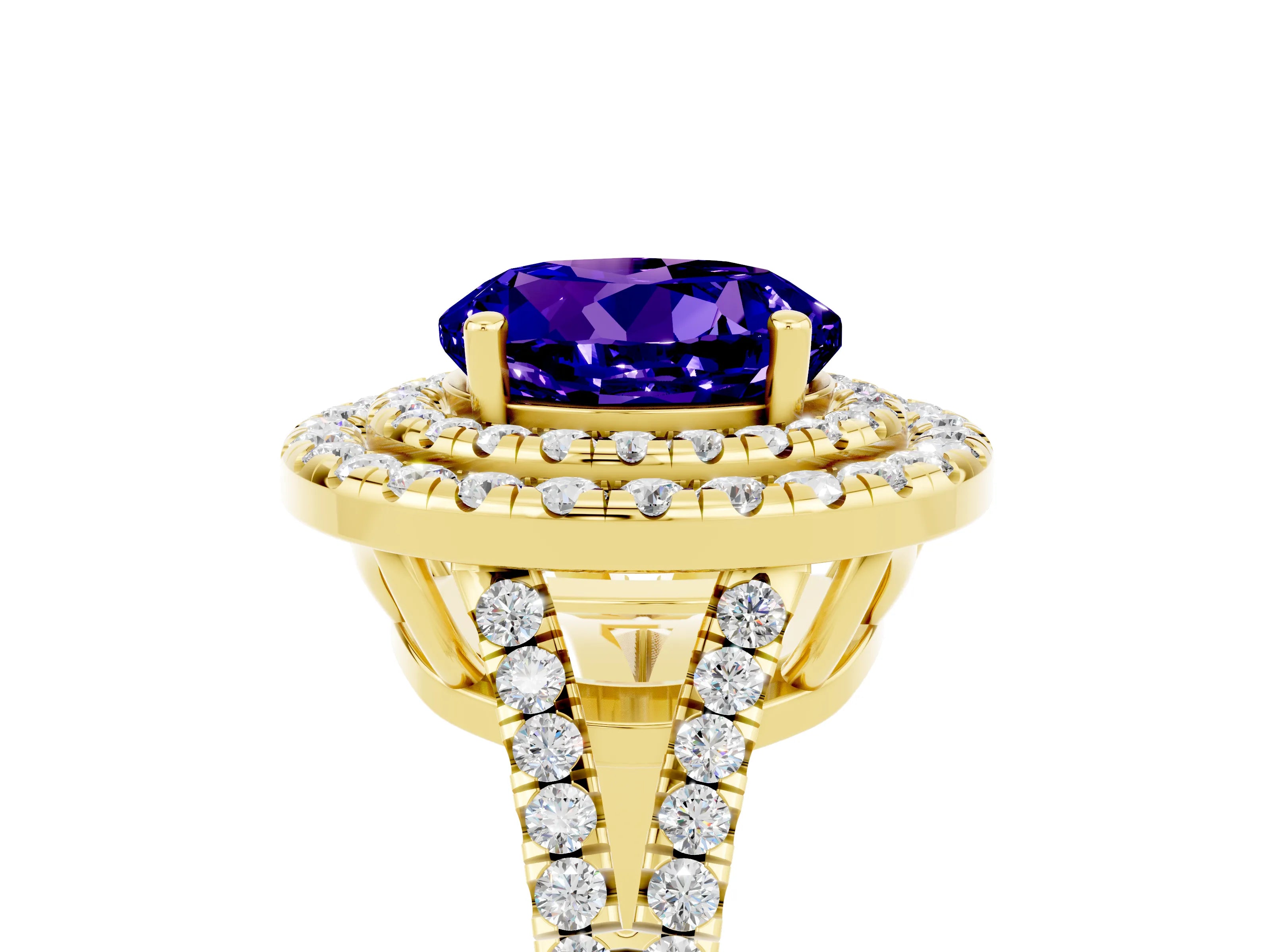 Yellow gold Round Cut Tanzanite Double Halo Ring with Pavé Band and Prong Setting_17
