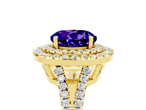Yellow gold Round Cut Tanzanite Double Halo Ring with Pavé Band and Prong Setting_17