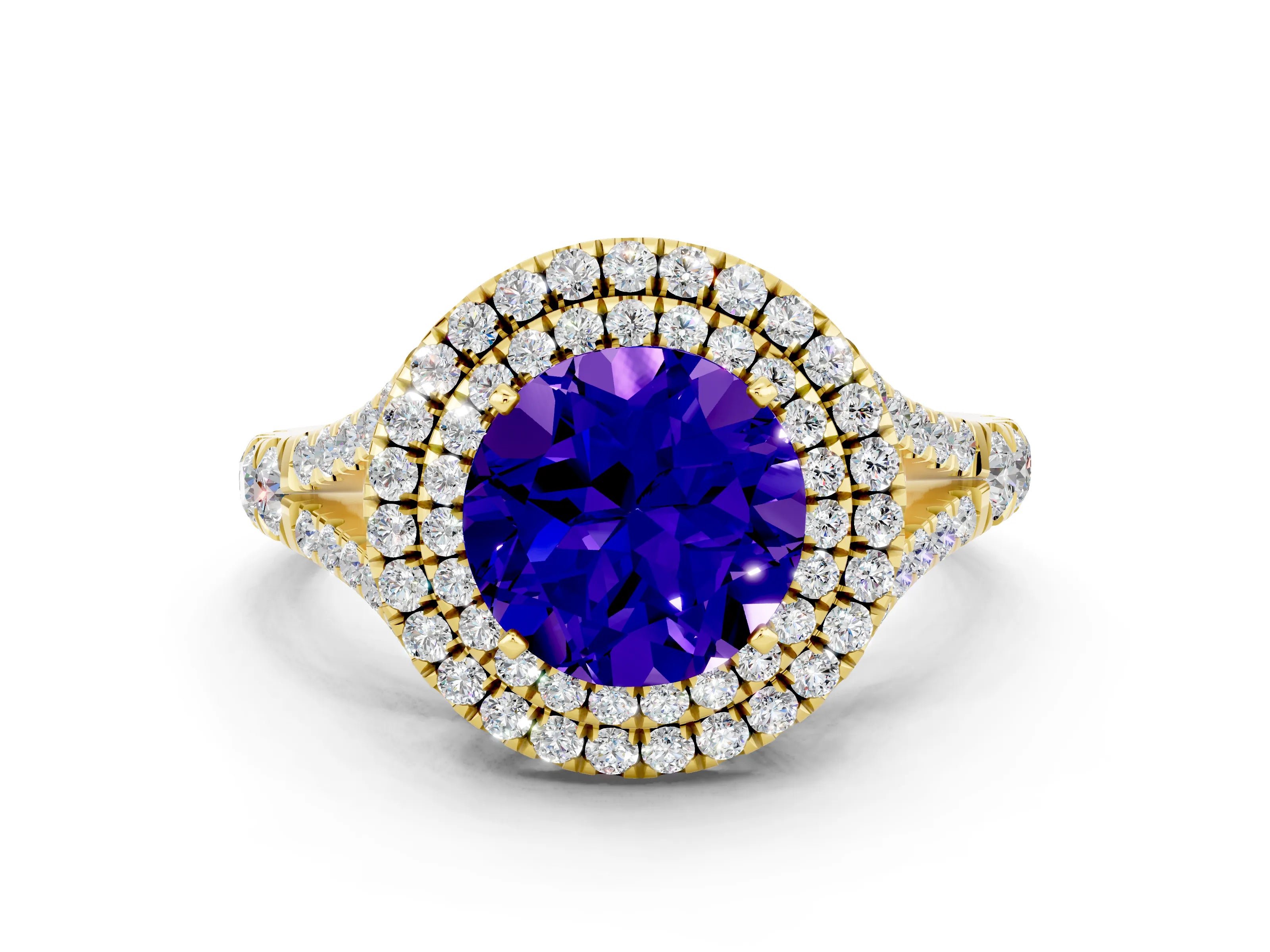 Yellow gold Round Cut Tanzanite Double Halo Ring with Split Shank and Prong Setting_12