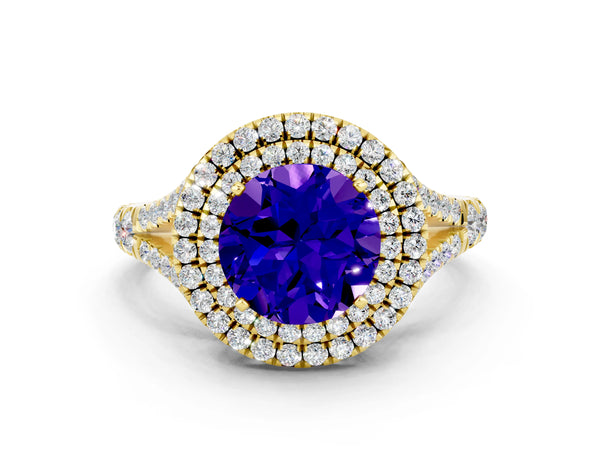 Yellow gold Round Cut Tanzanite Double Halo Ring with Split Shank and Prong Setting