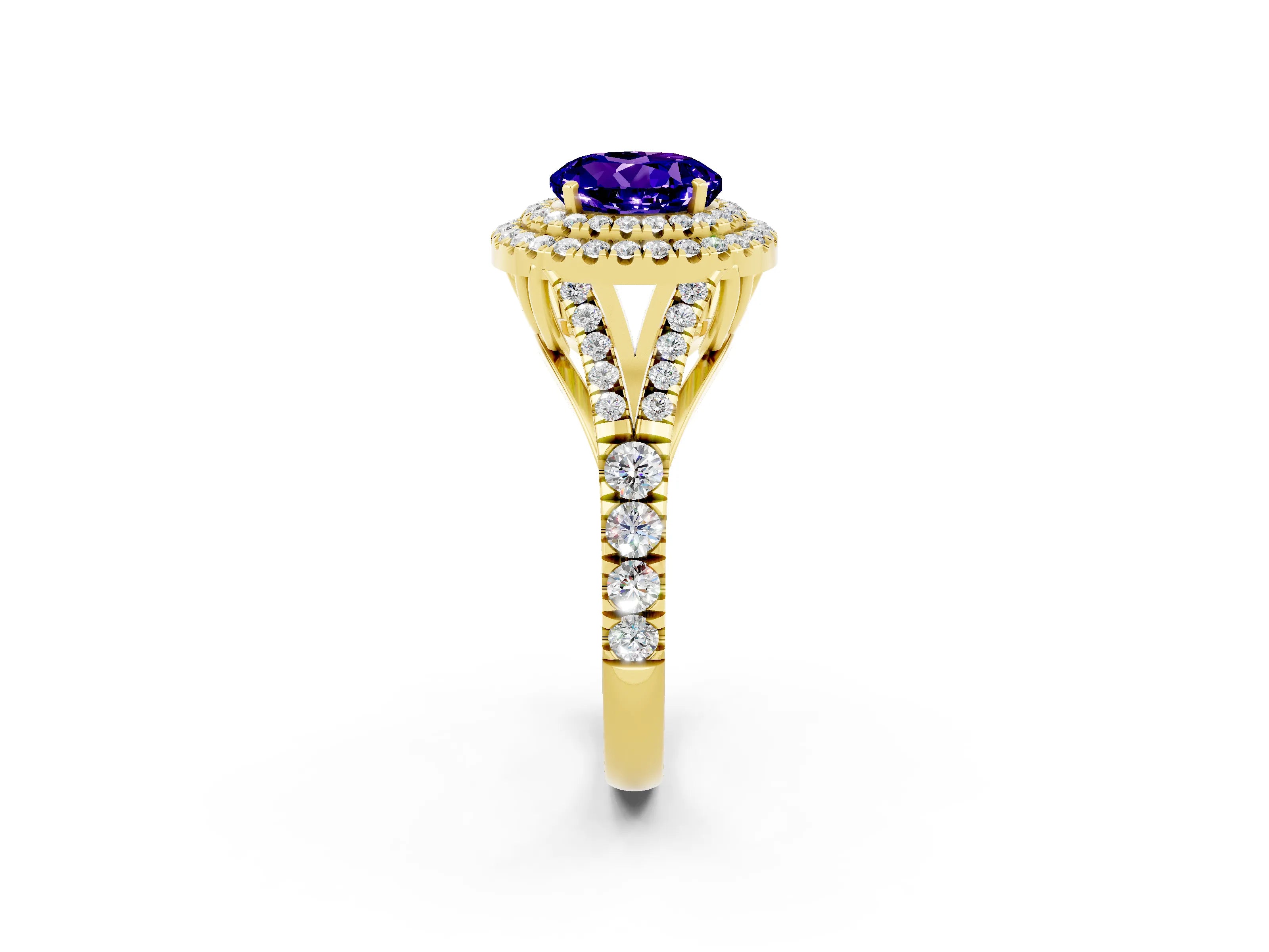 Yellow gold Round Cut Tanzanite Double Halo Ring with Split Shank and Prong Setting_14