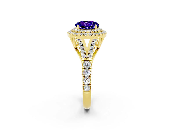 Yellow gold Round Cut Tanzanite Double Halo Ring with Split Shank and Prong Setting