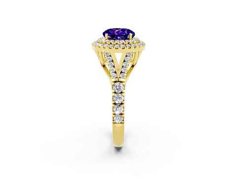 Yellow gold Round Cut Tanzanite Double Halo Ring with Split Shank and Prong Setting_14