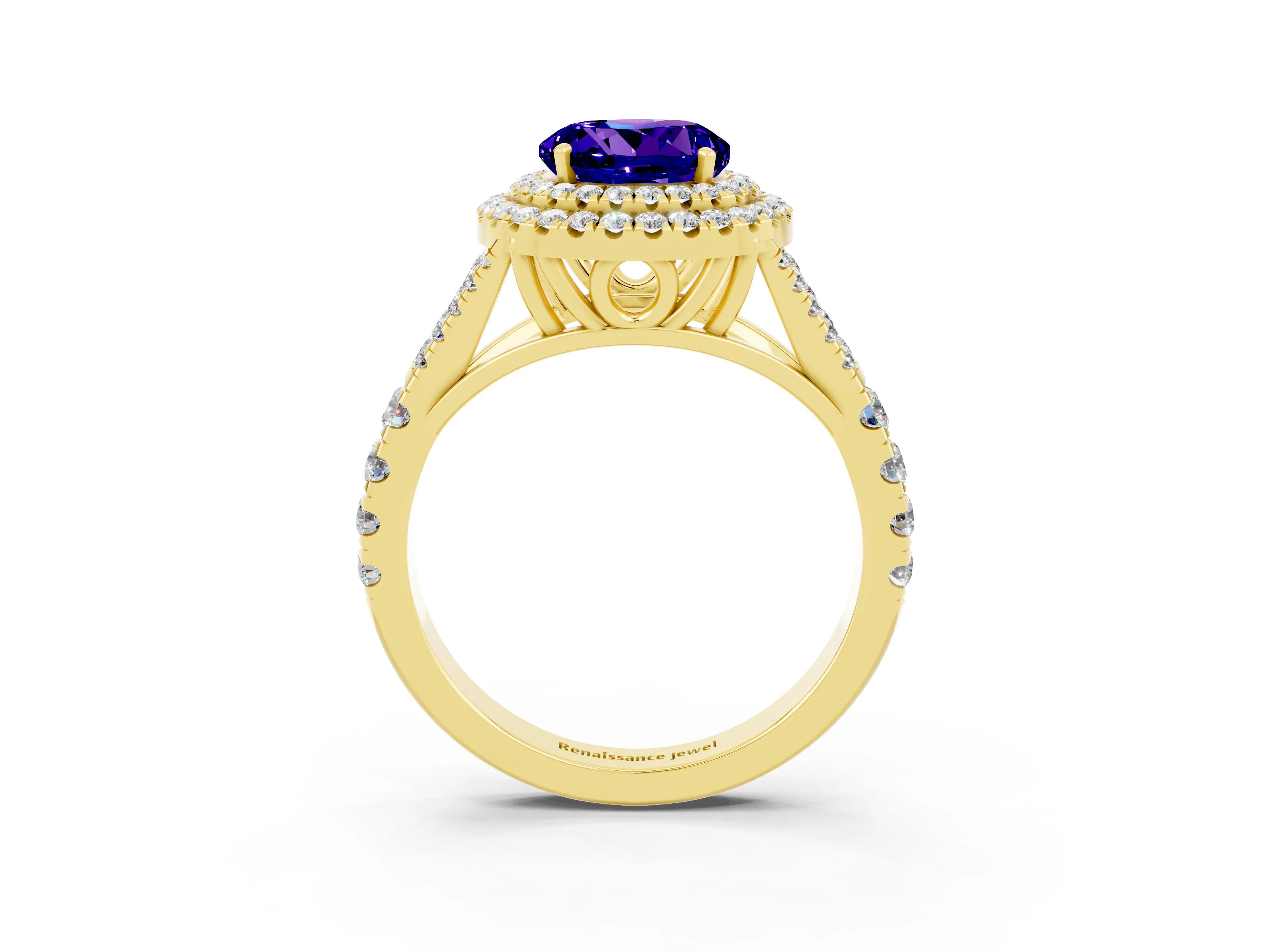 Yellow gold Round Cut Tanzanite Double Halo Ring with Split Shank and Prong Setting_15