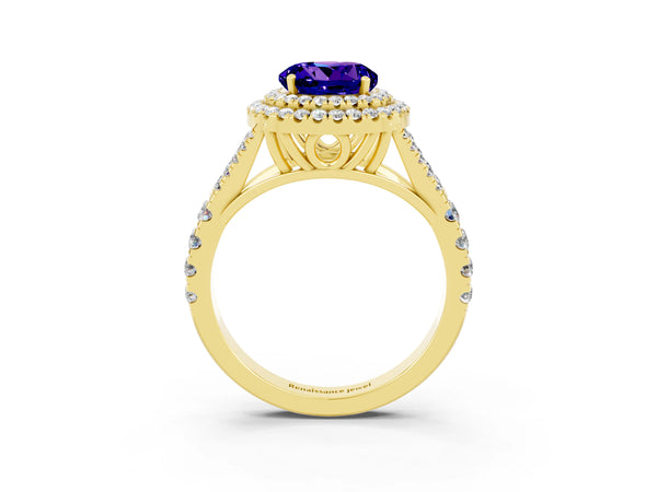 Yellow gold Round Cut Tanzanite Double Halo Ring with Split Shank and Prong Setting